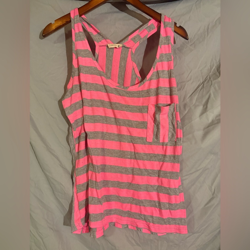 Vibrant Pink and Gray Striped Tank Top from cedar tree
